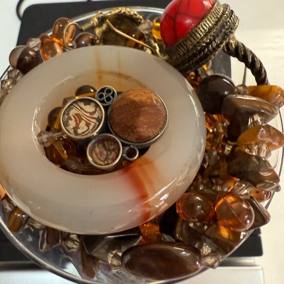 Mystery Jewelry Lot Mini Jar W/ Earth Tones Glass & Stone Pieces Fall Colors Bla - Picture 10 of 11